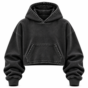Washed Black Cropped Hoodie <b>Pullover</b> <b>Men</b> Solid 100% Cotton Regular Fit Pocket Casual Winter Wear - Product Image 1