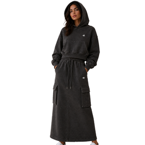 Ensemble coordonné Y2K pour femme : Sweat à capuche et pantalon cargo long en molleton brossé délavé, vente en gros OEM - Product Image 1