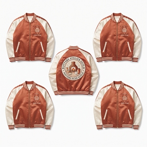 Wholesale Satin Bomber Jacket <b>Maroon</b> Beige Library Archive Embroidered Varsity <b>Coat</b> Front Zip Outerwear Direct Factory - Product Image 6