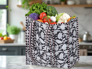 Handmade Quilted Cotton Tote <b>Bag</b> Black White Floral Block Print Reversible Open Washable Shoulder Shopping Grocery <b>Bag</b> for Women - Product Image 6