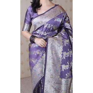 <b>Elite</b> Weaves Lavender Soft Silk Banarasi Jaal Meenakari Zari Woven Evening Saree 650g - Product Image 5
