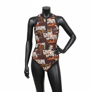 Maillot de bain une pièce pour femme en tissu extensible quatre directions de luxe, imprimé graphique marron, avec fermeture éclair et ceinture, logo personnalisé - Product Image 1