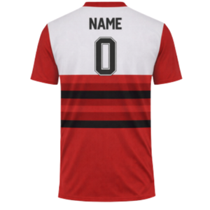 Maillot de baseball rouge personnalisé avec boutons et détails rayés, numéro de joueur et couleurs d'équipe personnalisables pour vêtements de sport masculins - Product Image 3