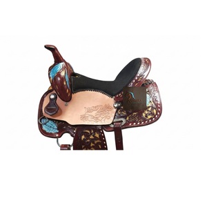 Western Brown Leather Floral <b>Hand</b> Carved Leaf Designed Barrel Horse Racing Saddle Black Suede Seat SS Fitting 10" to 18" Inch - Product Image 3