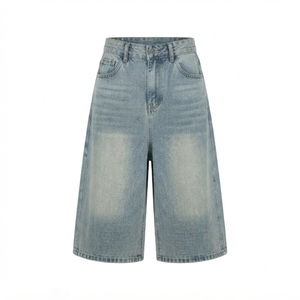 <b>High</b> Waist Over Size Stonewashed Denim Short Pant <b>Knee</b> Length Straight Leg Jeans Women's Breathable Casual Summer Wear - Product Image 5