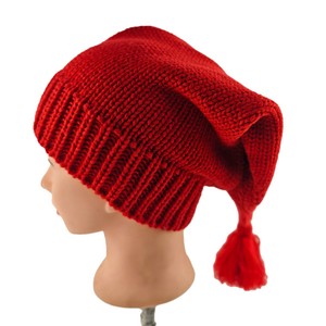 Red Knit Slouchy Beanie <b>Hat</b> with <b>Pom</b> <b>Pom</b> <b>for</b> Women Men - Product Image 3