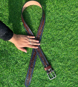 El más vendido, cinturón floral occidental de cuero labrado a mano a la moda de vaquero para hombre, cinturones de cuero genuino marrón Premium tallados a mano - Product Image 4