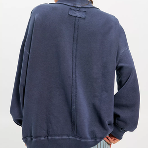 Wholesale Custom Vintage <b>Navy</b> Blue 100% Cotton Plus Size Long Sleeve Fleece Breathable Winter Mock Neck Sweatshirt For Women - Product Image 2
