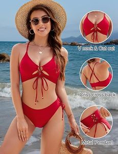 Women's Red Halter <b>Bikini</b> <b>Set</b> With Cut-Out Tie Front And Side Tie Bottom Swimwear - Product Image 6