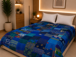 Couvre-lit bohème vintage en coton patchwork réversible, lavable, écologique, taille Queen, fait main, textile indien du Rajasthan - Product Image 2