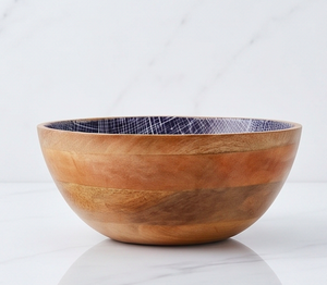 Juego de ensaladeras de madera con interior con diseño azul y cucharas de madera a juego para uso doméstico y para servir. - Product Image 3