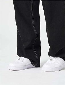 Jean baggy noir pour homme 100 % coton coupe droite jambe large denim ample taille mi-haute avec surpiqûres contrastées écologique et lavable - Product Image 5