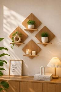 Étagère murale flottante moderne en bois, éclairée, pour l'agencement des objets dans le salon ou la chambre à coucher - Product Image 2