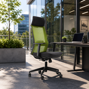 Chaise de bureau ergonomique en maille KINSHA avec accoudoirs réglables, appui-tête intégré, design pivotant, fonction de levage, style contemporain - Product Image 1