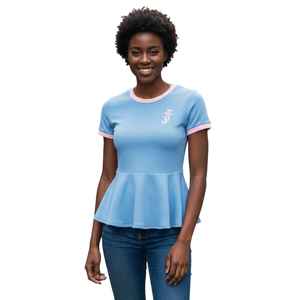 Camiseta JJ Peplum Ringer para Mujer, Manga Corta, Ribete en Contraste, Dobladillo Acampanado, Estilo Casual Griego, Top de Algodón - Product Image 3