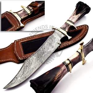 Cuchillo de hoja fija forjado a mano de acero de Damasco, tipo Bowie, con mango de hueso de color OEM y guardacuchillo de latón, cuchillo táctico para exteriores de alta durabilidad. - Product Image 5