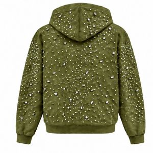 Sudadera con Capucha Verde Oliva con Cierre Completo, Chaqueta de Streetwear con Cristales Brillantes, Sudadera con Capucha de Manga Larga con Bolsillo Frontal - Product Image 2