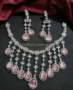 Indian Ethnic Wedding Party Gift Drop Diamond Shape Brass <b>Silver</b> Plated Flower Design <b>Studded</b> Necklace <b>Earring</b> Jewelry <b>Set</b> Women - Product Image 1