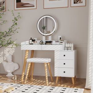 LED Lights Glass Top Dressing <b>Table</b> with Extendable <b>Side</b> <b>Table</b> and 5 Drawers Makeup Vanities with <b>Mirror</b> Storage - Product Image 3