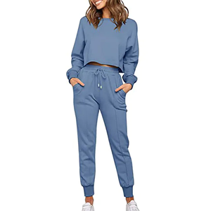 Ensemble de survêtement décontracté bleu pour femme, coupe ample, couleur unie, sweat-shirt à col rond et pantalon à cordon de serrage avec poches latérales - Product Image 1
