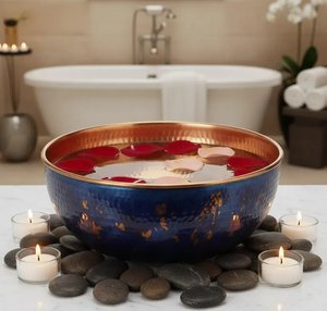 Tazón de Pedicura de Cobre Martillado Vintage al por Mayor, Bañera Metálica Personalizada Azul Medianoche y con Hojas Doradas para Equipos de Spa - Product Image 1