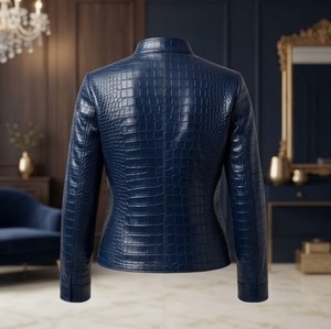 Blue Crocodile Embossed Faux <b>Leather</b> <b>Moto</b> <b>Jacket</b> <b>Women</b> Stand Collar Full Sleeve Autumn Windproof Regular Length - Product Image 4