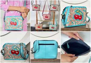 Women Fashionable Hand Tooled Leather Crossbody Bag Cherry Floral Design Western Handmade Genuine Leather Evening Shoulder Bags - Product Image 3
