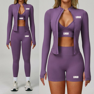 Custom High Quality Quick Drying Shrinking Waist Thin Women <b>Jacket</b>+Bra+shorts Three-piece Set Sports Fitness <b>Yoga</b> Gym Wear <b>Yoga</b> - Product Image 1