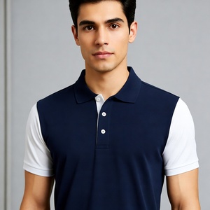Men's Blue Short Sleeve Polo Shirt With <b>White</b> Color Block Design Breathable Pique Cotton Casual Style Regular Fit - Product Image 3