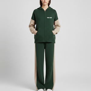 Wholesale 100% Cotton Fleece Heavyweight Color Block Hoodie & Jogger <b>Sets</b> Zip Up Hoodie & Jogger 2 Piece Tracksuit For Women - Product Image 3
