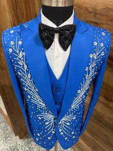 Costume de mariage bleu royal pour homme avec embellissements en cristal |   Ensemble de smoking pour marié en 3 pièces |   Costume de bal formel sur mesure - Product Image 3