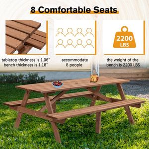 Tavolo da Picnic Moderno Rettangolare in Legno per 8 Persone con 2 Panche Integrate, Capacità 1000kg, per Campeggio, Giardino, Cene all'Aperto, Fai-da-Te - Product Image 6