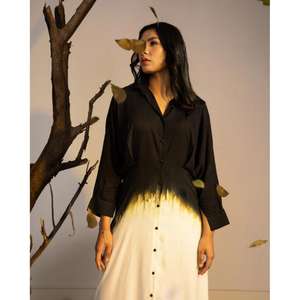 Robe longue femme noire et blanche ombrée, style ethnique fusion, maxi Kurti avec fente latérale, tenue décontractée pour soirée - Product Image 1