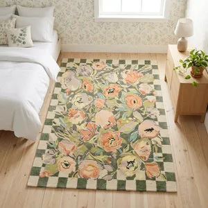 Tapis rectangulaire floral 100 % laine écologique, motif à carreaux vert et blanc, style pastoral, à poils moyens, pour chambre à coucher - Product Image 2