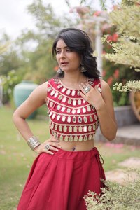 Red Polka Dot Lehenga Set Sleeveless Embroidered Crop <b>Top</b> Pleated Skirt Traditional <b>Indian</b> Outfit - Product Image 2