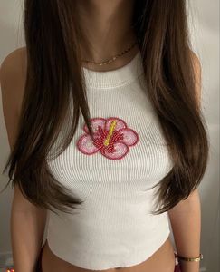 Customize <b>Beaded</b> Embroidery White Ribbed Cotton Tank Top Blue Letter Sleeveless Innerwear Casual Apparel Fashion Clothing Piece - Product Image 5