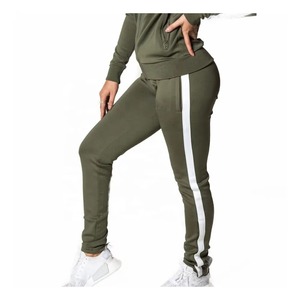 Women Olive Green Full Zip Hoodie Tracksuit Two Piece <b>Set</b> White Side Stripe Slim Fit Skinny Jogger Pants Athletic Sport Suit - Product Image 3