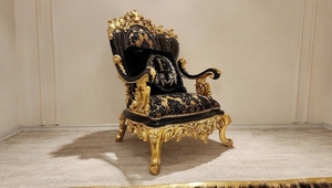 Juego de Sofás de Madera de Teca Sólida Royal, Lujoso Sofá de 7 Plazas Negro y Dorado con Tallados Italianos Barrocos, Mesa de Centro para Sala de Estar - Product Image 3