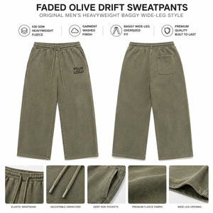 Pantalon de survêtement homme en molleton de coton épais, couleur olive délavée, respirant, coupe ample à jambe large, taille élastique avec cordon de serrage, personnalisable - Product Image 1