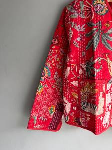Bohemian Red Cotton <b>Embroidered</b> <b>Jacket</b> <b>Women</b> V-Neck Button Front Full Sleeve Patchwork Pattern Casual Outerwear All Seasons Wear - Product Image 2