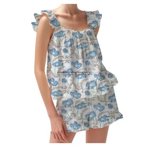 New Designer Indian Cotton Hand Block Print Shorts Pajama Set Spring / Summer Floral Fitted Strappy Ruffle <b>Trim</b> Sleeves PJ Set - Product Image 1