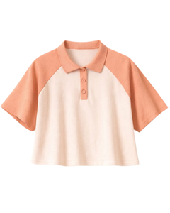 Custom <b>Peach</b> Beige Women Cropped Polo T Shirt Raglan Sleeve Casual Cotton <b>Top</b> Button Placket Loose Fit Summer Streetwear Tee - Product Image 1