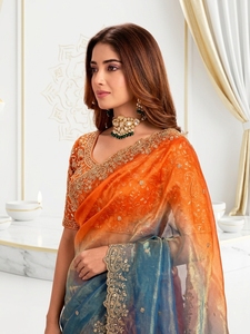 Orange Blue Gradient Silk Saree Embroidered <b>Blouse</b> for Wedding Wear Women Traditional Indian <b>Sari</b> Floor-Length Sun Protection - Product Image 5