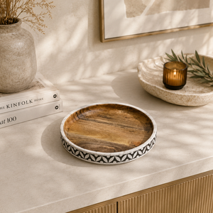 Round Wooden Tray with Bone Inlay Border Elegant Handmade Serveware for Dining Coffee <b>Table</b> Centerpiece Home Decor - Product Image 1