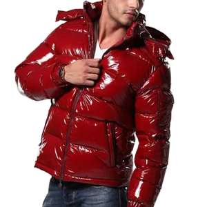 Men's <b>Red</b> <b>Hooded</b> Puffer <b>Jacket</b> Zipper Closure Waterproof Windproof Casual Winter Coat Standard Regular Fit Solid Color PU Coated - Product Image 6