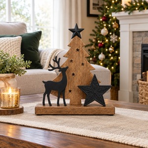 <b>Wooden</b> <b>Christmas</b> <b>Tree</b> Decor With Reindeer And Star Rustic Tabletop Ornament For Holiday Home Decoration - Product Image 2