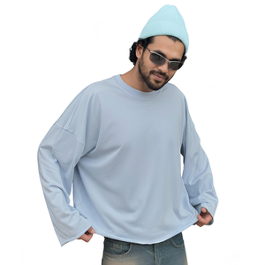 T-shirt à manches longues surdimensionné pour homme, couleur unie, décontracté, col rond, design uni, coton jersey, coupe ajustée - Product Image 2