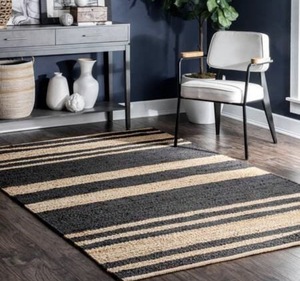 Tapis en jute naturel tissé à la main avec un design rayé moderne, durable, écologique, à poils plats, épaisseur moyenne, pour la maison et le salon - Product Image 1