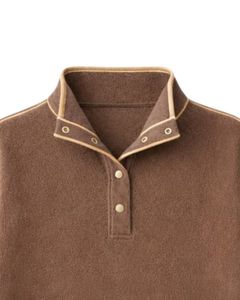 Sweat-shirt épais marron chocolat pour femme, coupe oversize, en polaire, avec col à boutons-pression, poche kangourou et passepoil contrastant - Product Image 5