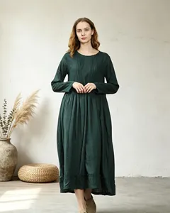 Vestido Midi de Lino y Algodón Verde de Lujo con Cuello Redondo y Manga Larga, Estilo Bohemio, Corte Holgado, para Uso Diario Informal de Verano - Product Image 5